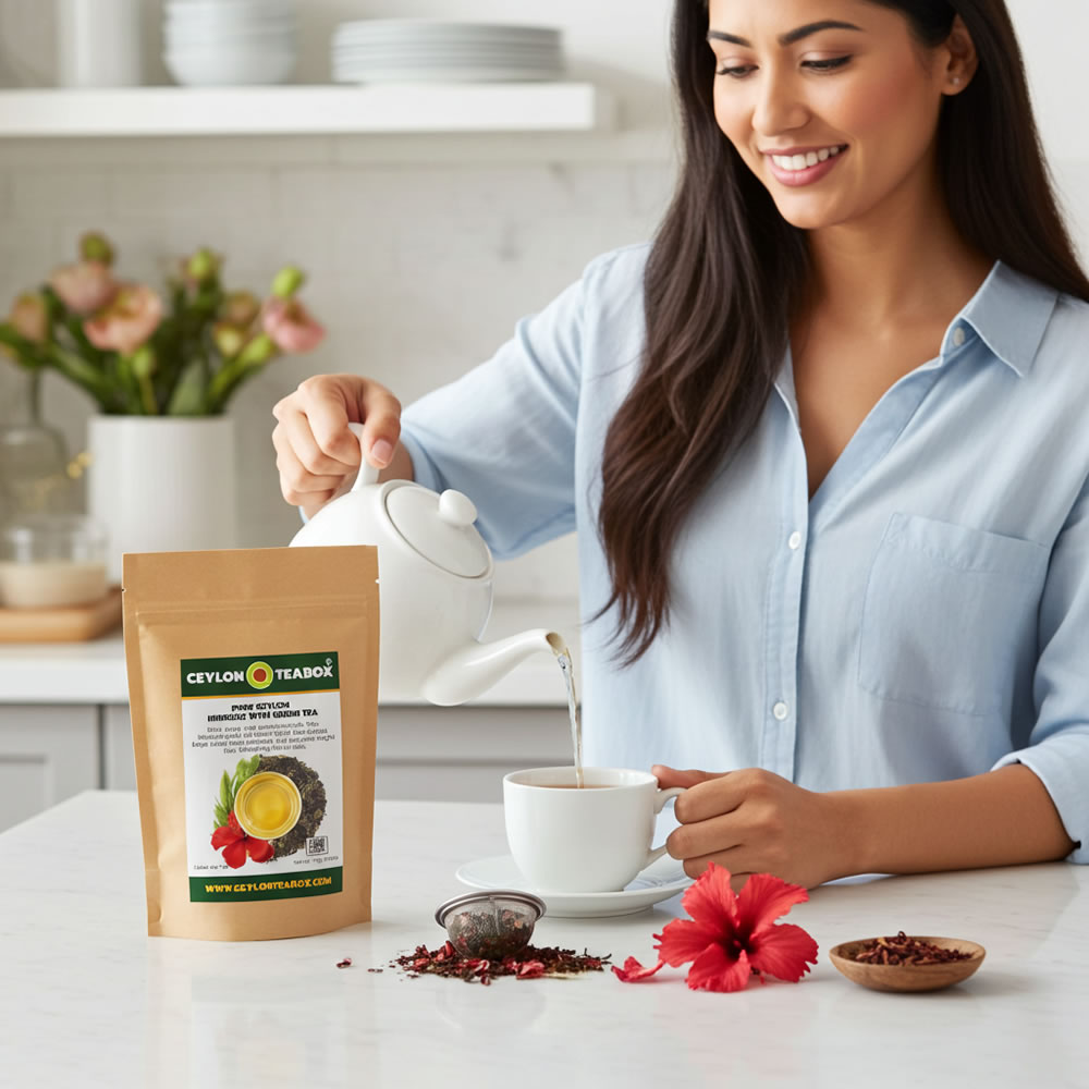Woman pouring Pure Ceylon Hibiscus With Green Tea into a cup with a Ceylon Tea Box package on a table.
