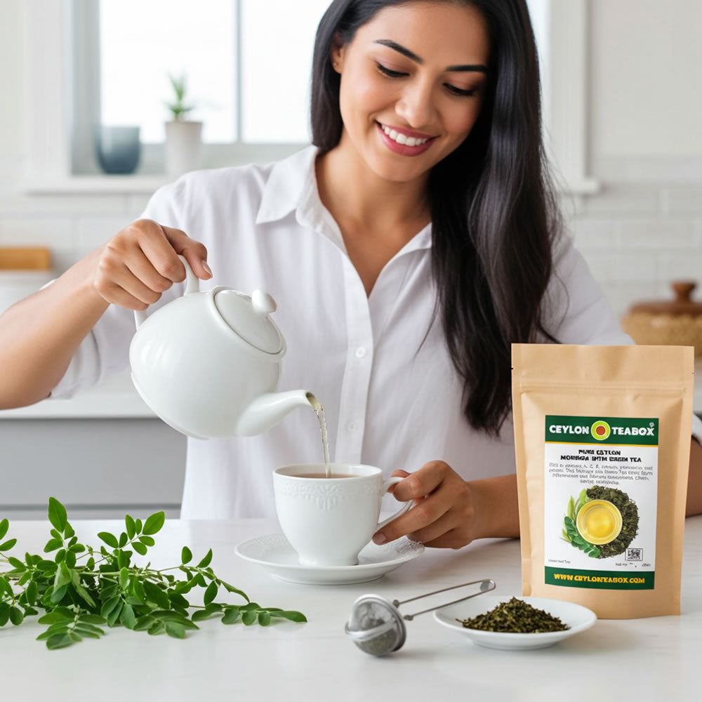 Woman pouring Pure Ceylon Moringa with Green Tea into a cup with Ceylon Tea Box packaging in the foreground.