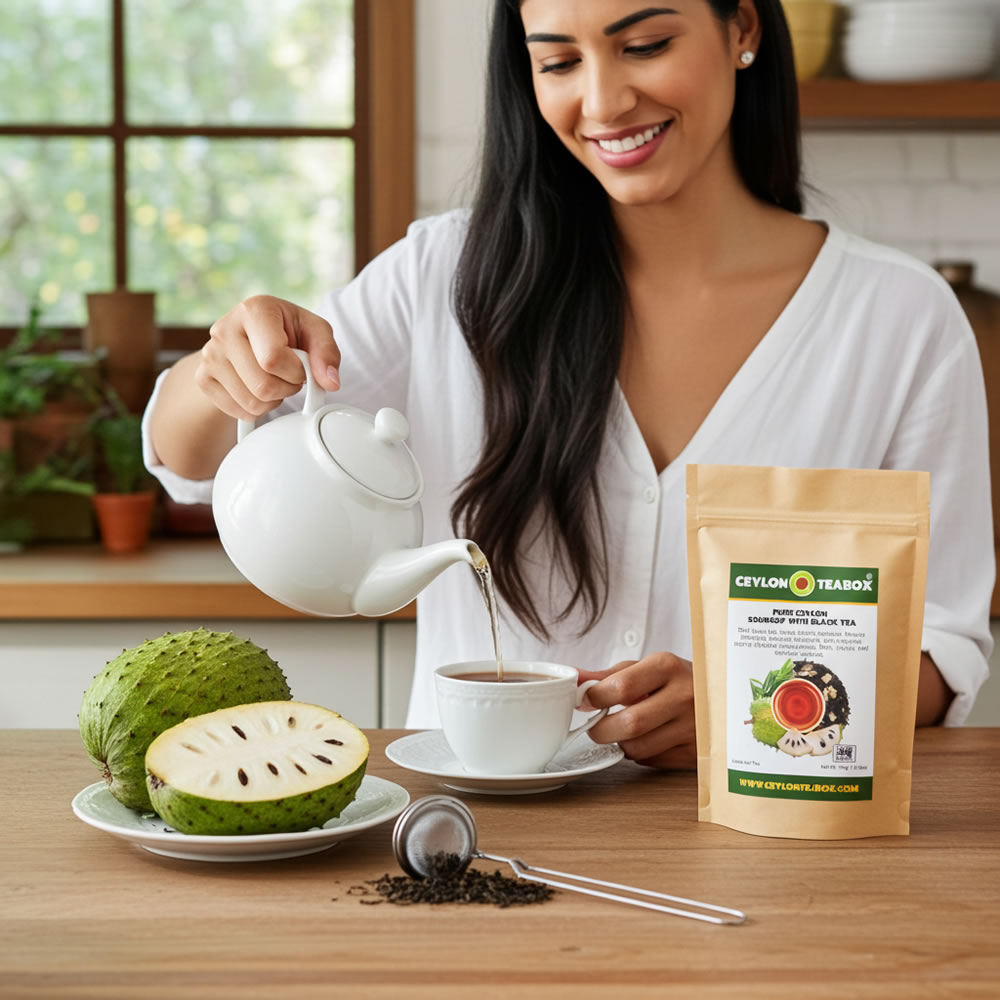 Woman pouring Pure Ceylon Soursop With Black Tea from a white teapot into a cup, with a bag of Ceylon Teabox tea on a wooden table.
