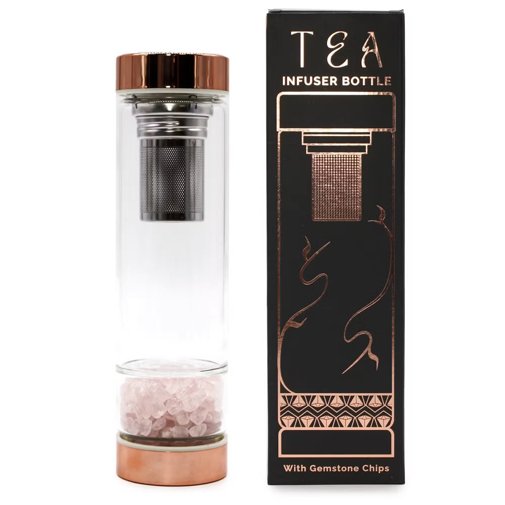 Tea infuser bottle with rose quartz gemstone chips and packaging on a white background