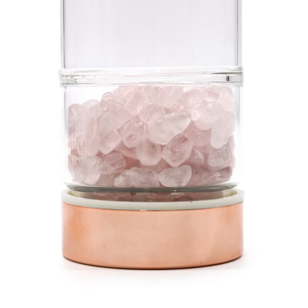 Clear container with pink rose quartz stones on a white background