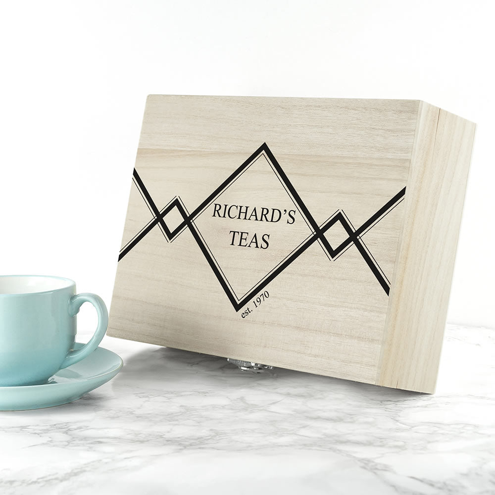 Wooden tea box with 'Richard's Teas' branding on a marble surface with a teal cup.