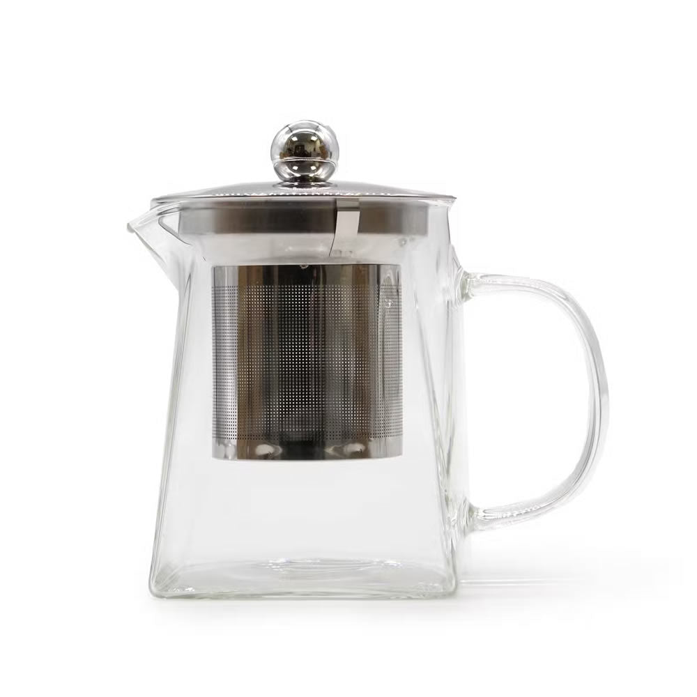 Clear glass teapot with metal infuser on a white background