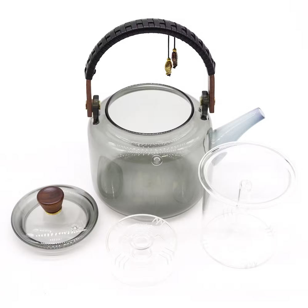 Glass Infuser Teapot With Steamer System Charcoal - Opened view - Ceylon Teabox