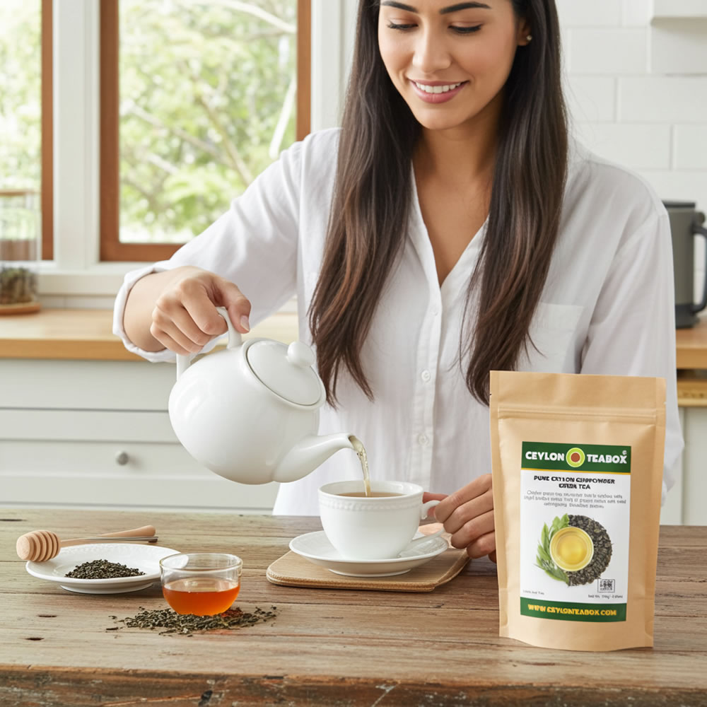 A woman pouring tea into a cup with a Ceylon Tea Box Pure Ceylon Gunpowder Green Tea package on a wooden table.