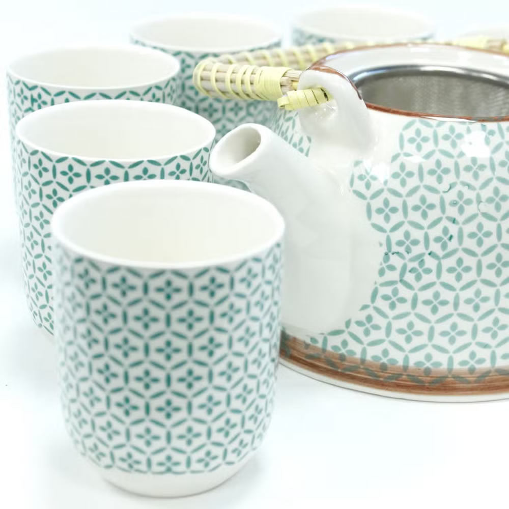 Tea set with patterned cups and a teapot on a white background