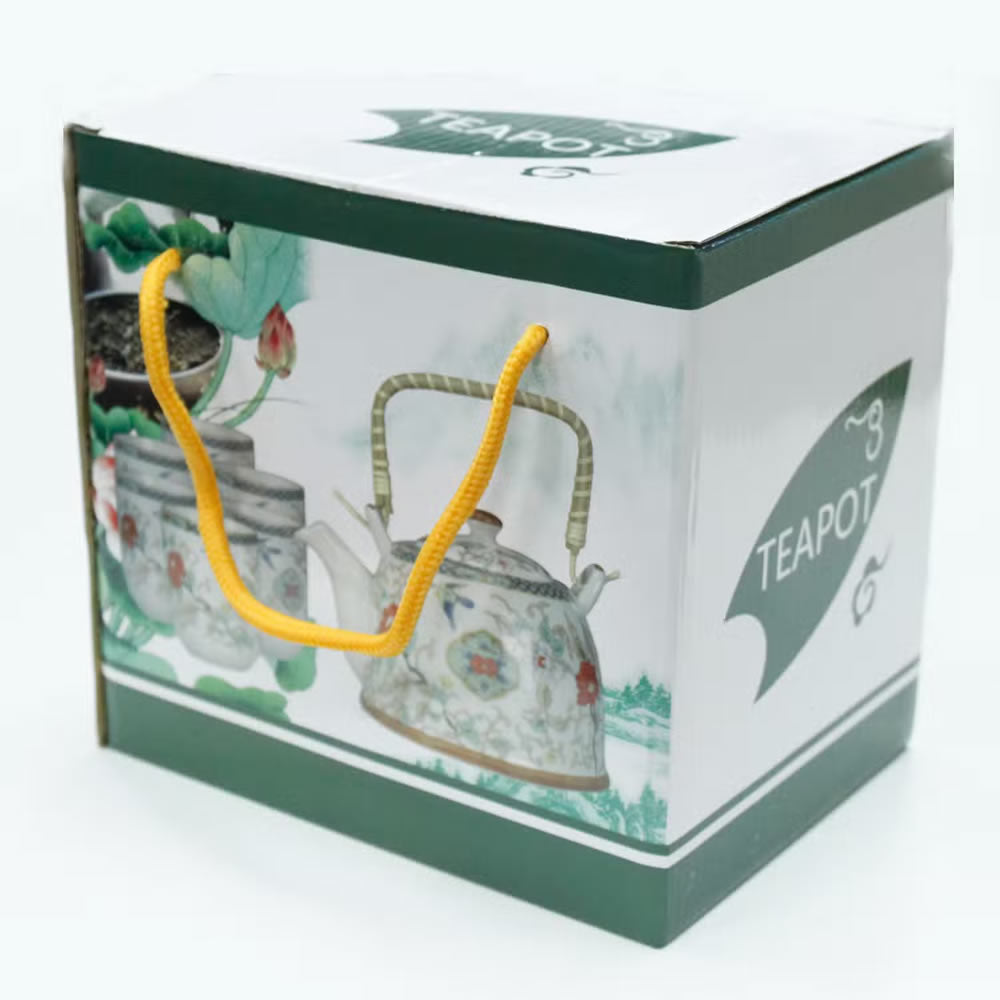 Gift bag with teapot design and visible text on a white background