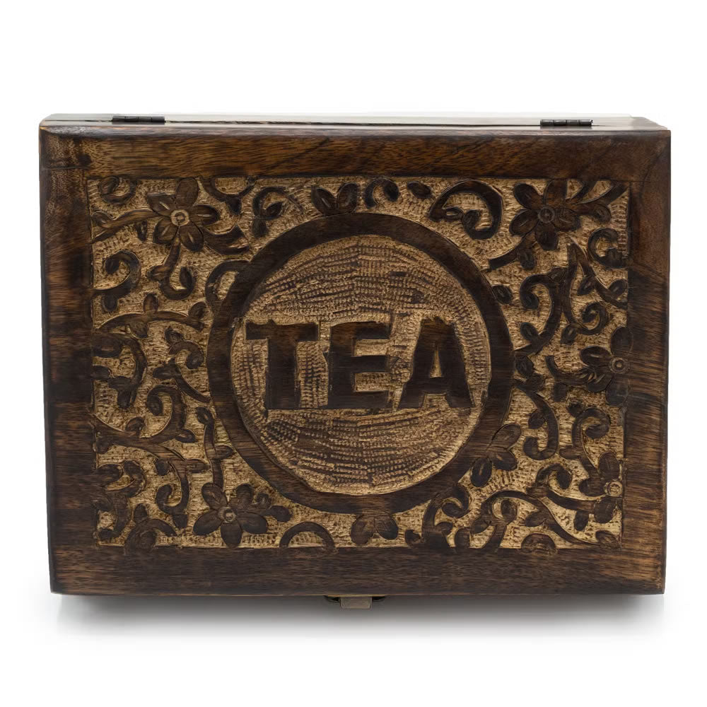 Wooden tea box with 'TEA' engraving on a white background