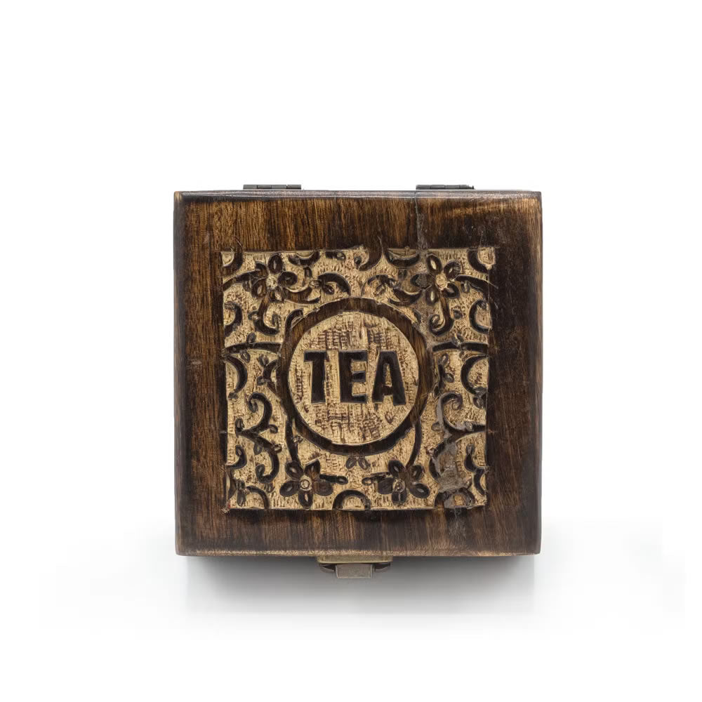 Wooden tea box with decorative design and 'TEA' text on a white background