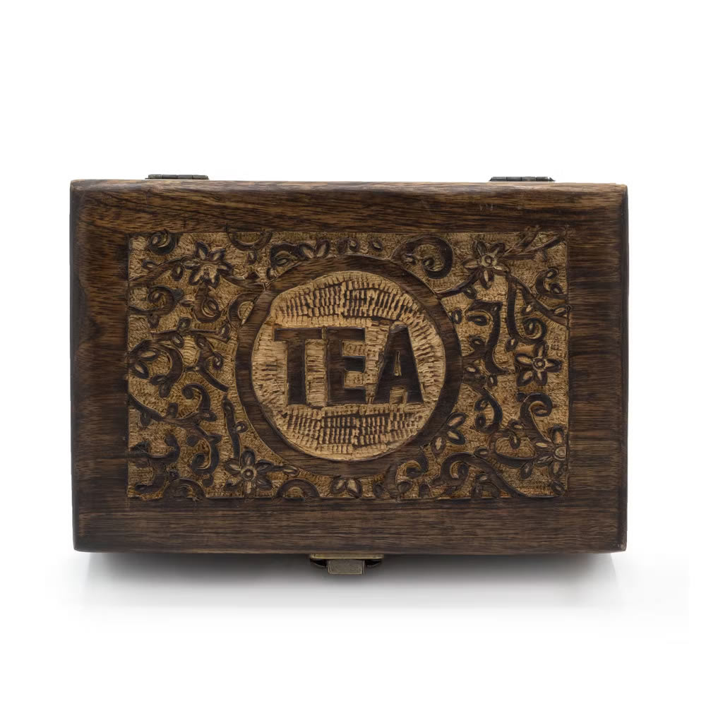 Wooden tea box with 'TEA' engraving on a white background