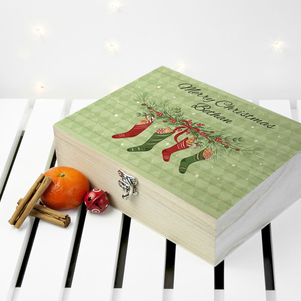 Decorative Christmas box with stockings and 'Merry Christmas' text on a white background