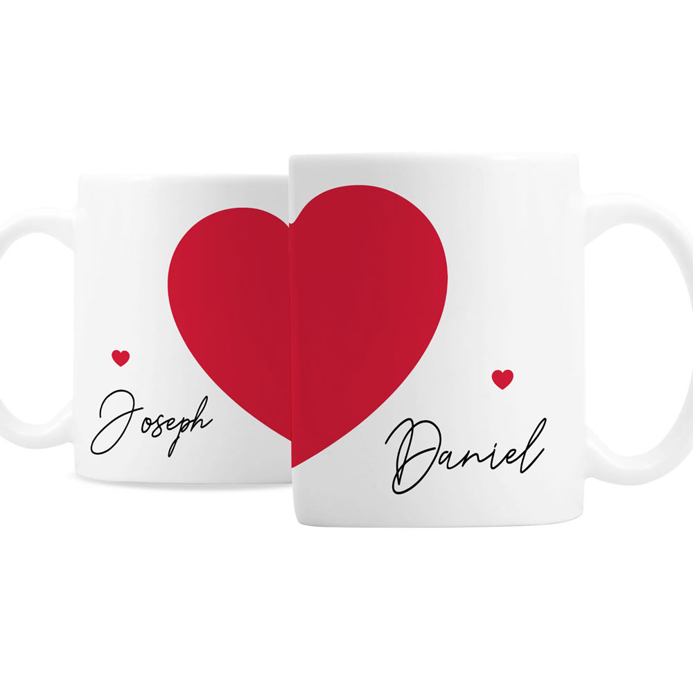 Two white mugs with red hearts and names 'Joseph' and 'Daniel' on a white background
