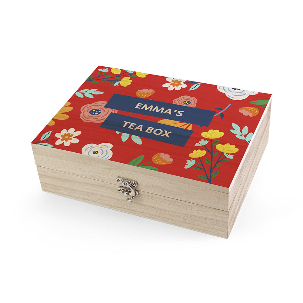 Tea box with floral design and 'Emma's Tea Box' text on a white background