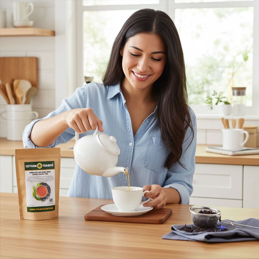 Pure Ceylon Earl Grey Black Tea (FBOP) women makeing tea - Ceylon Teabox