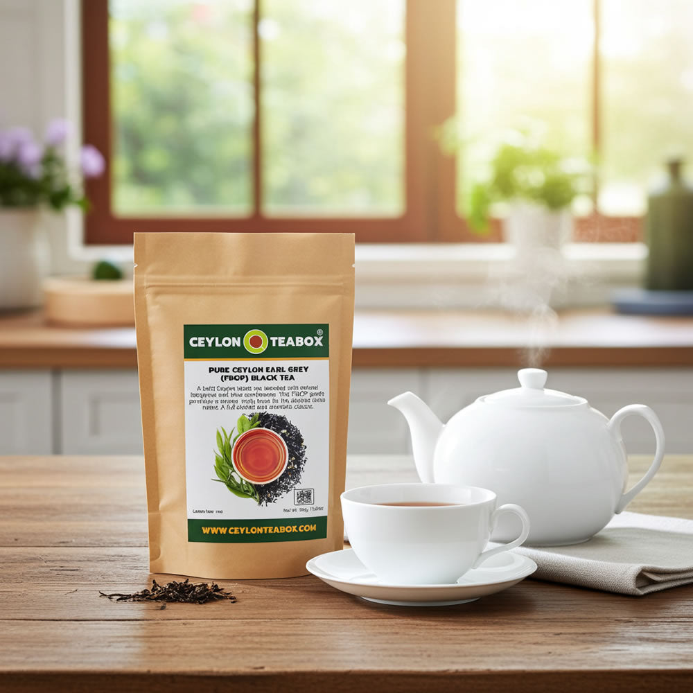 Pure Ceylon Earl Grey Black Tea (FBOP) with teapot and teacup - Ceylon Teabox