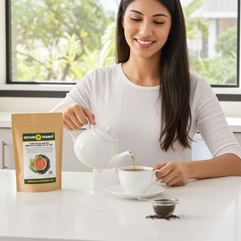 Pure Ceylon English Breakfast Black Tea (FBOP) women making a tea - Ceylon Teabox