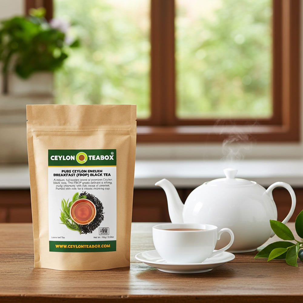 Pure Ceylon English Breakfast Black Tea (FBOP) with teapot and teacup - Ceylon Teabox