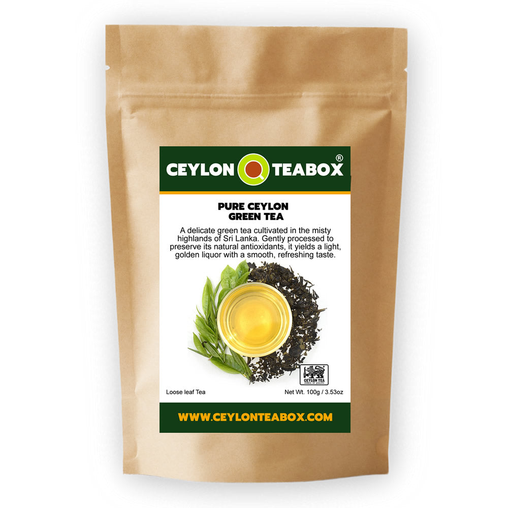 Ceylon Teabox pure Ceylon green tea package on a white background