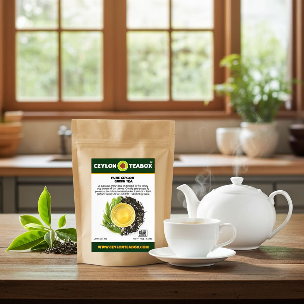 Ceylon Teabox Pure Ceylon Green Tea
 package with a teacup and teapot on a kitchen counter.