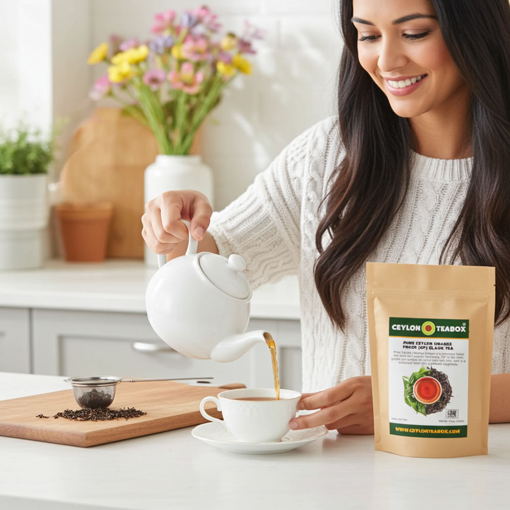 Woman pouring Pure Ceylon Orange Pekoe (OP) Black Tea into a cup with a Ceylon Tea Box package on a kitchen counter - Ceylon Teabox