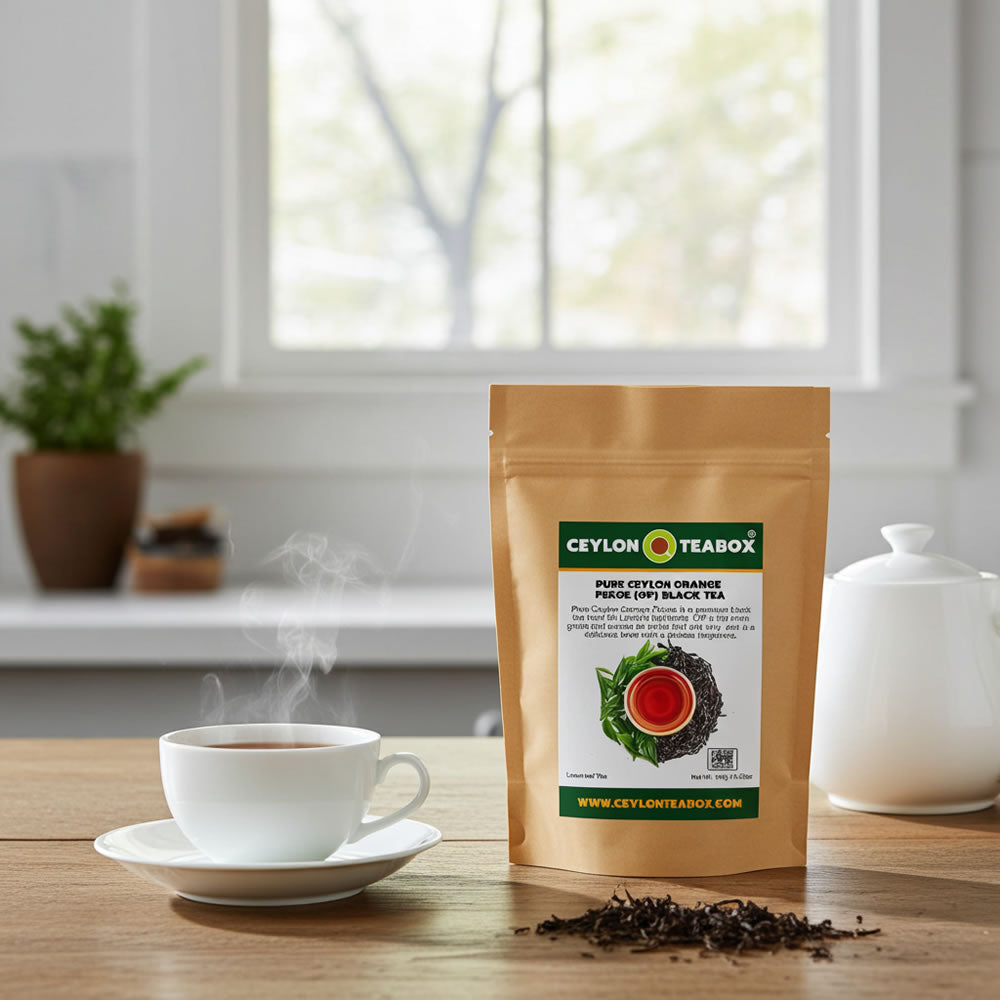Pure Ceylon Orange Pekoe (OP) Black Tea with teapot and teacup - Ceylon Teabox