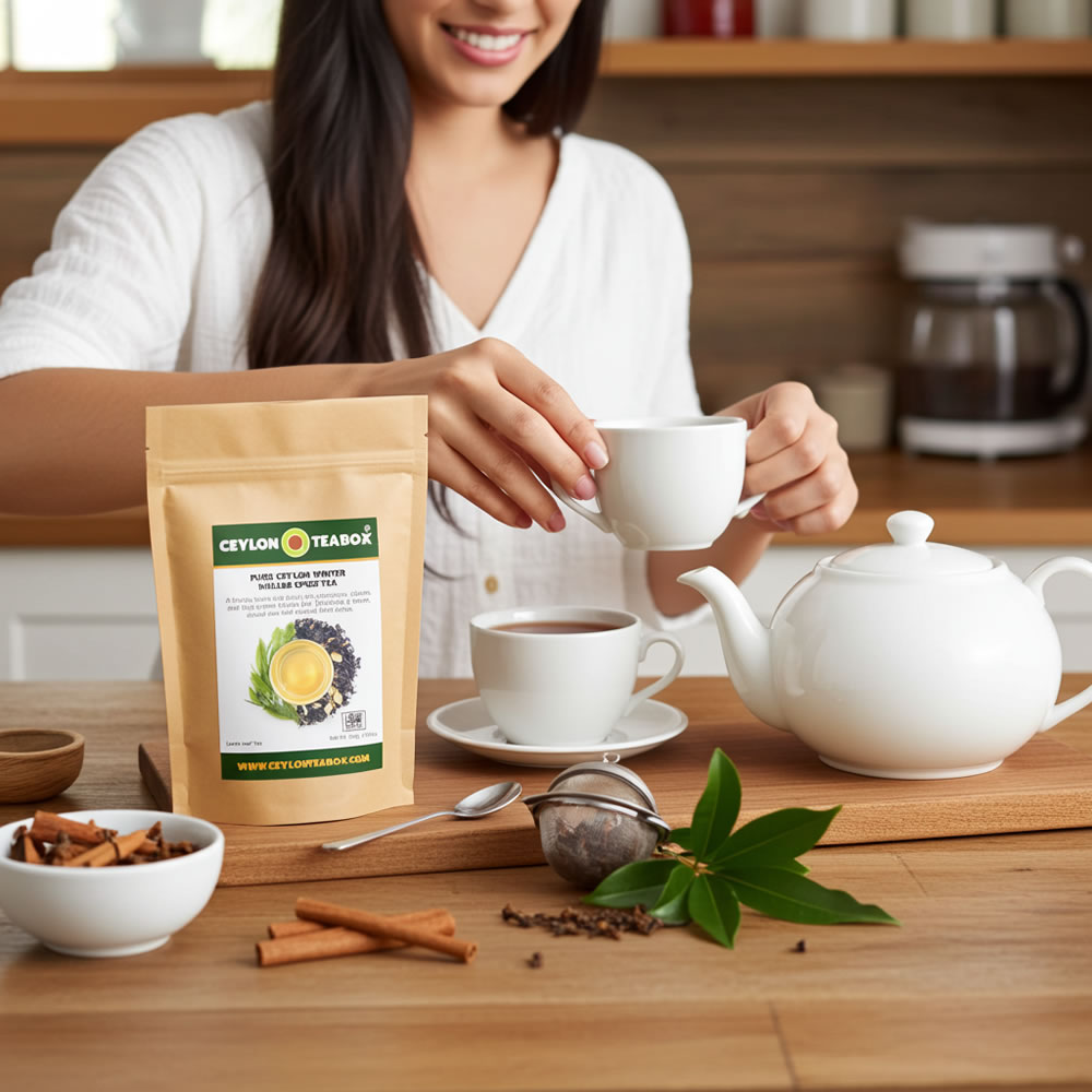 Woman preparing a cup of tea with Pure Ceylon Winter Mulled Spice Tea
and Ceylon Tea Box packaging on a wooden table.